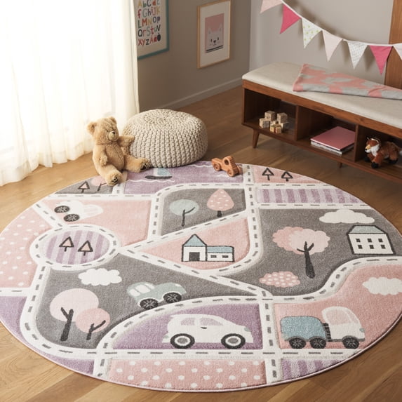 SAFAVIEH Carousel Kids Roadmap to Home Area Rug, Gray/Pink, 6'7" x 6'7" Round