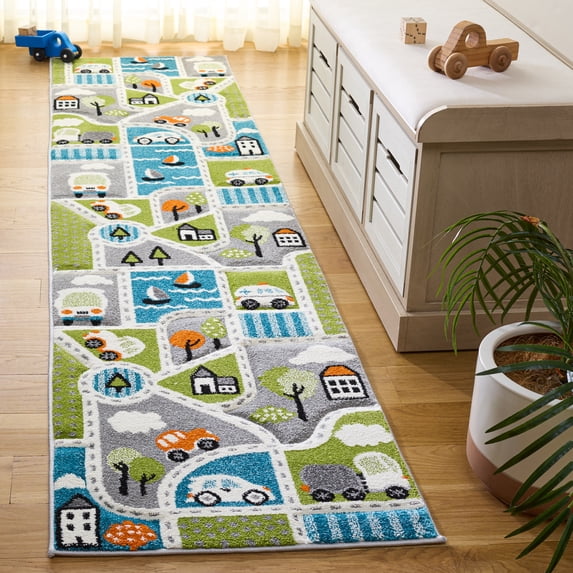 SAFAVIEH Carousel Kids Roadmap to Home Runner Rug, Green/Gray, 2' x 8'