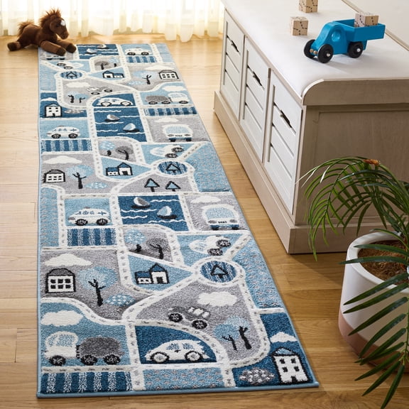 SAFAVIEH Carousel Kids Roadmap to Home Runner Rug, Gray/Blue, 2' x 8'