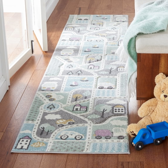SAFAVIEH Carousel Kids Roadmap to Home Runner Rug, Gray/Light Blue, 2' x 8'