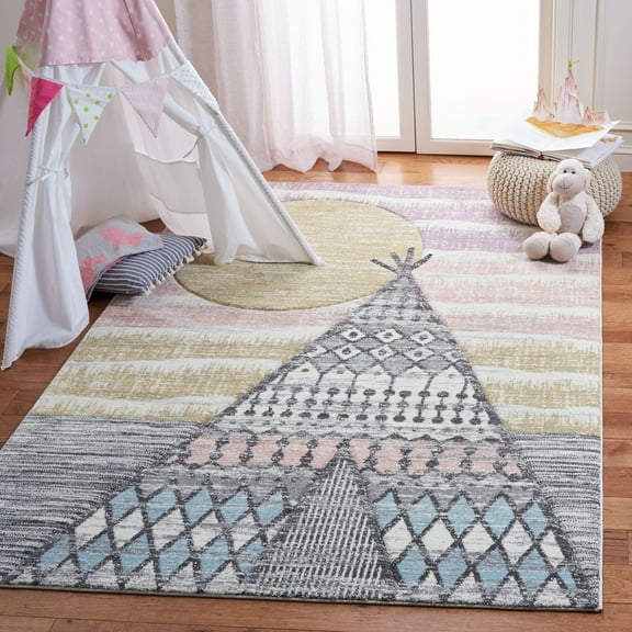 SAFAVIEH Carousel Kids Southwestern Teepee Area Rug, Gray/Pink, 3' x 3' Square