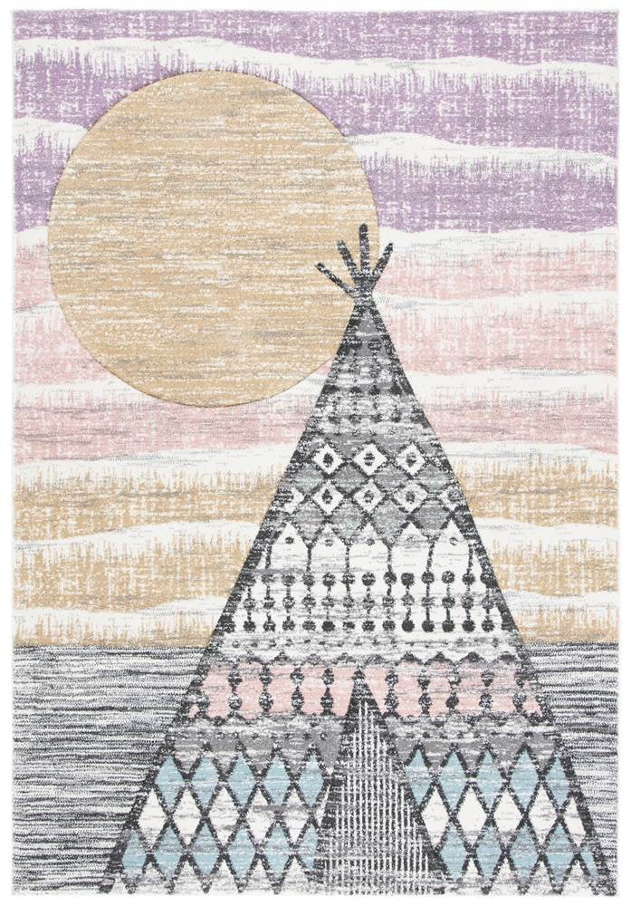 Gray and Pink Synthetic Teepee Design Kids Area Rug 5'3" x 7'6"