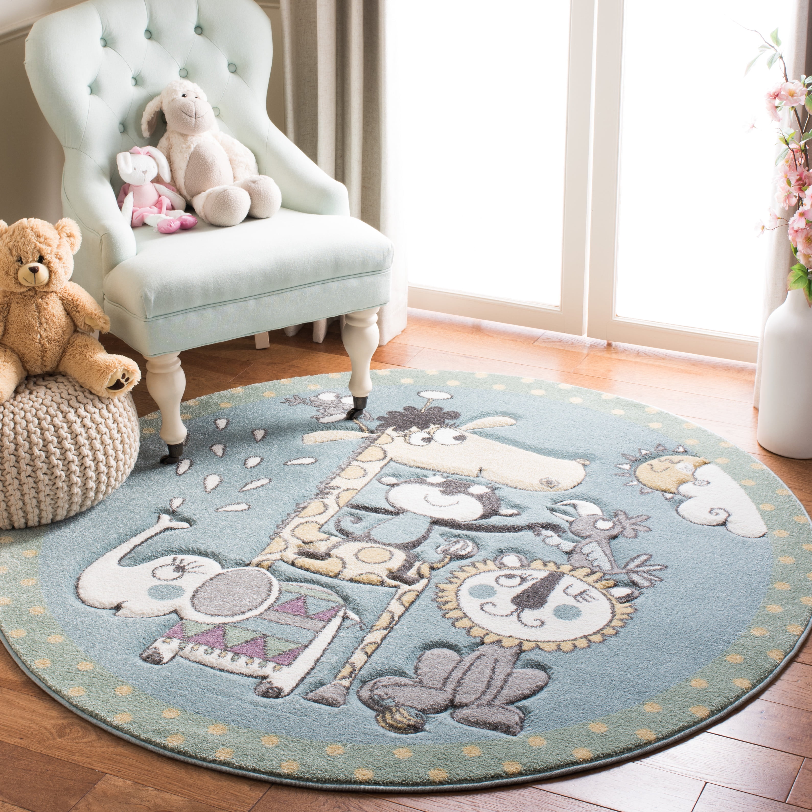 Ivory and Blue Round Kids' Animal Rug, 5'3" Synthetic
