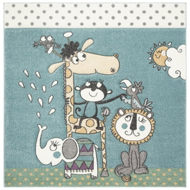 SAFAVIEH Carousel Kids Talisha Sunshine Animals Area Rug, Ivory/Blue, 5'3" x 5'3" Square