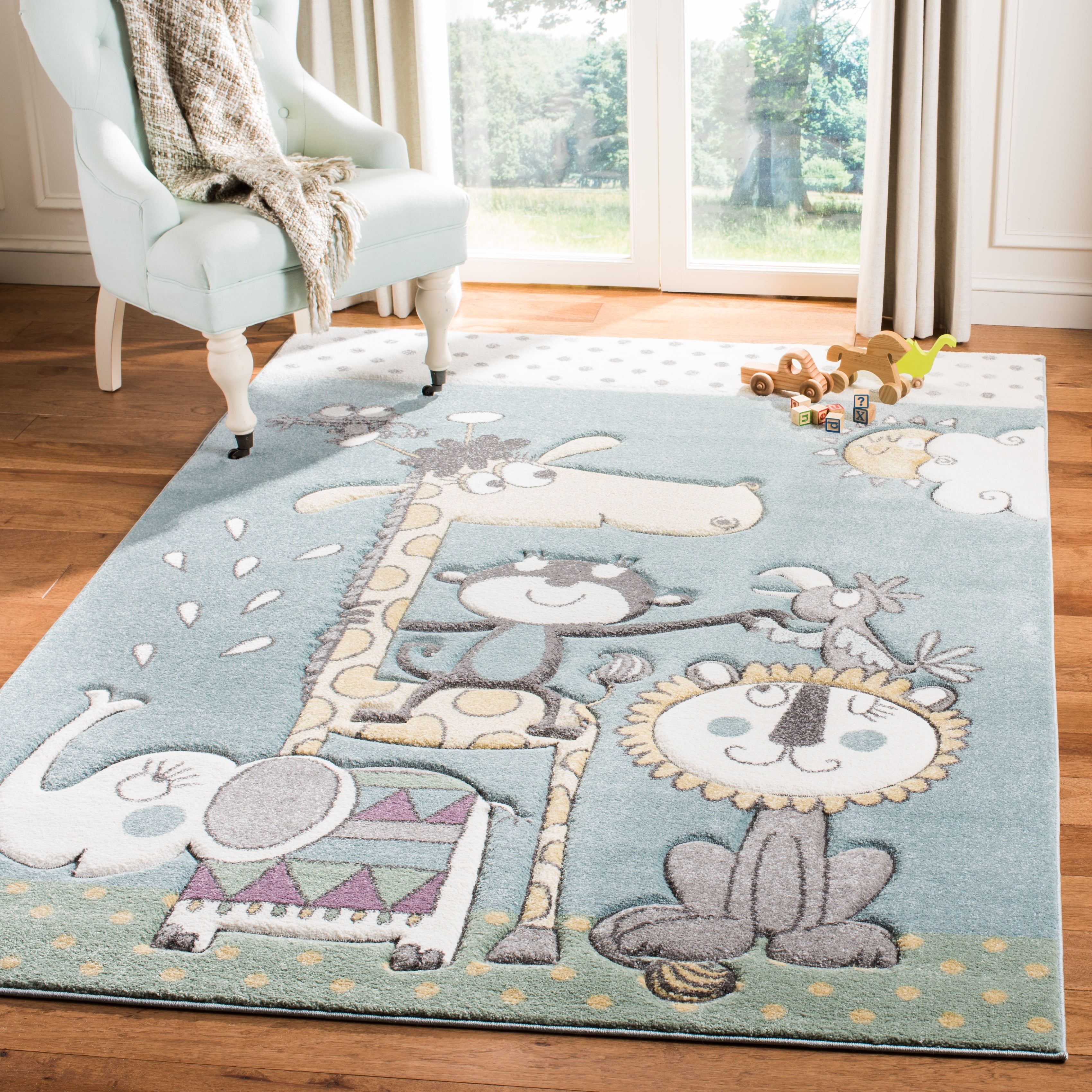 Ivory and Blue Storybook Animals Handmade Kids' Rug - 6'7" x 9'