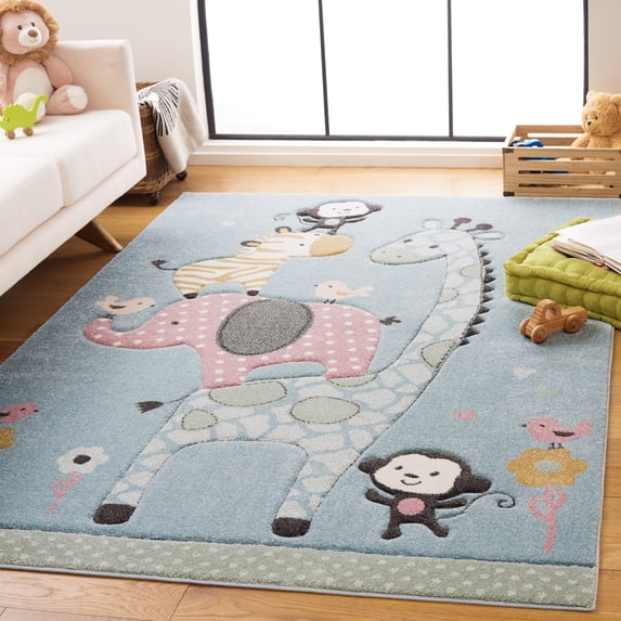 SAFAVIEH Carousel Kids Taneka Animals at Play Area Rug, Blue, 2'3" x 4'