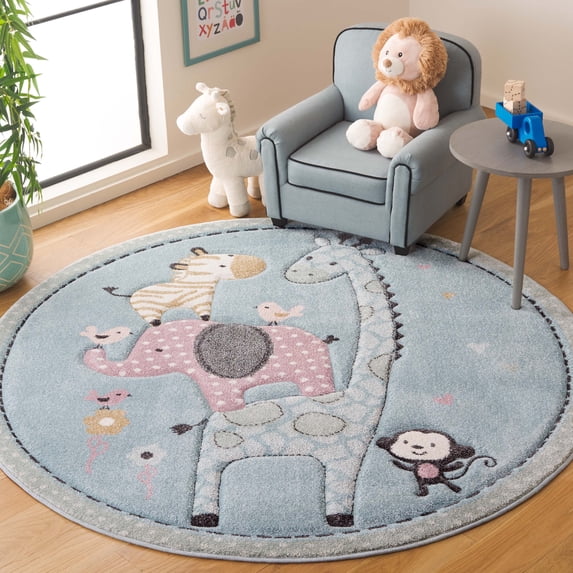 SAFAVIEH Carousel Kids Taneka Animals at Play Area Rug, Blue, 4' x 4' Round