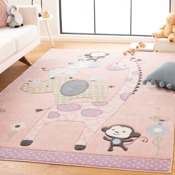 SAFAVIEH Carousel Kids Taneka Animals at Play Area Rug, Blush Pink, 2' x 3'