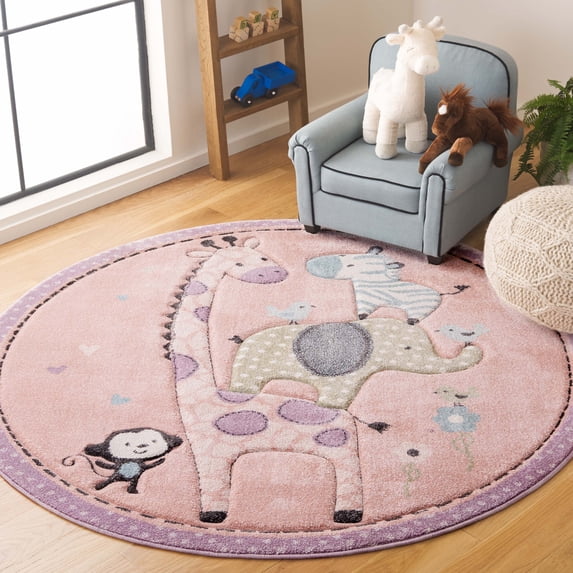 SAFAVIEH Carousel Kids Taneka Animals at Play Area Rug, Blush Pink, 4' x 4' Round