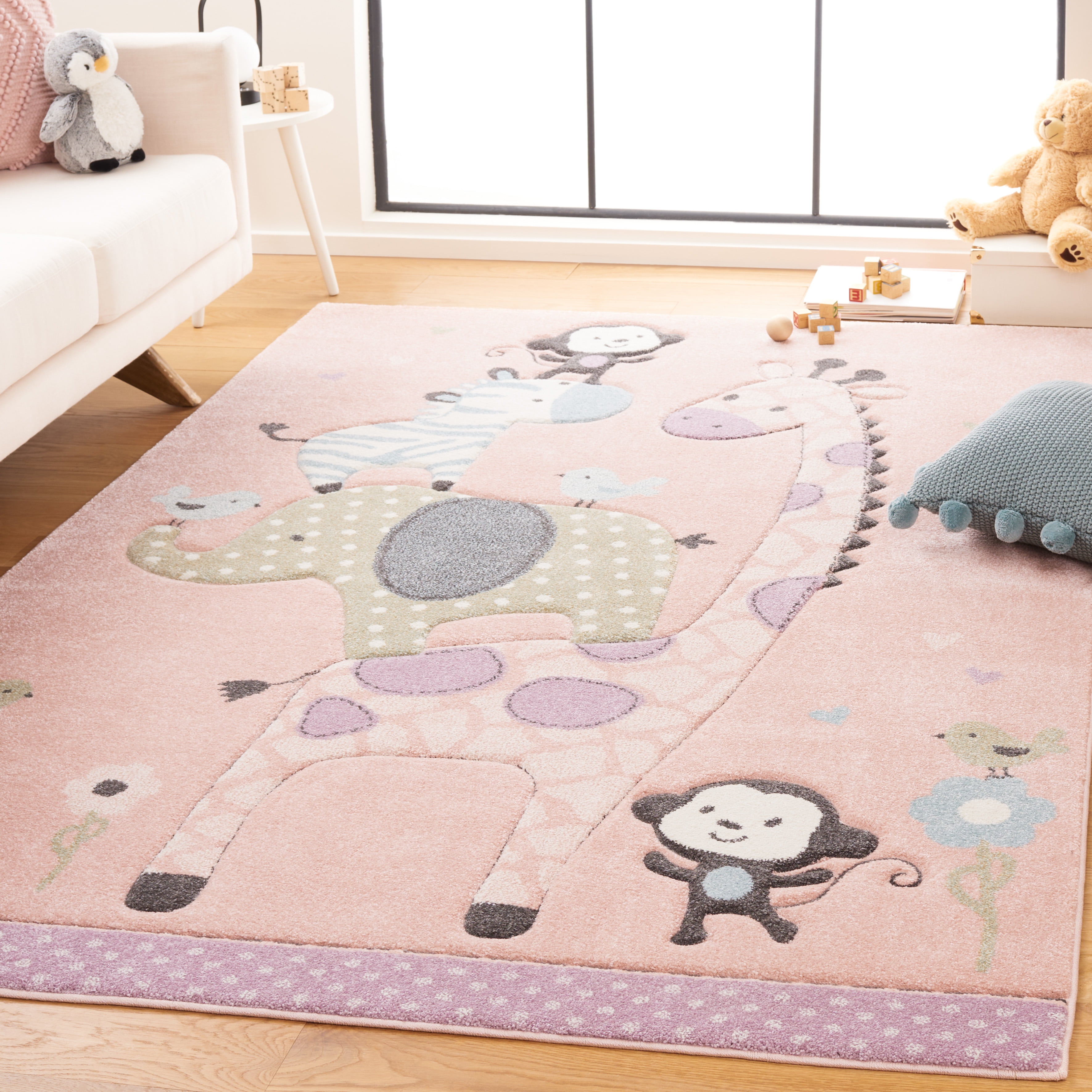SAFAVIEH Carousel Kids Taneka Animals at Play Area Rug, Blush Pink, 6'7" x 6'7" Square