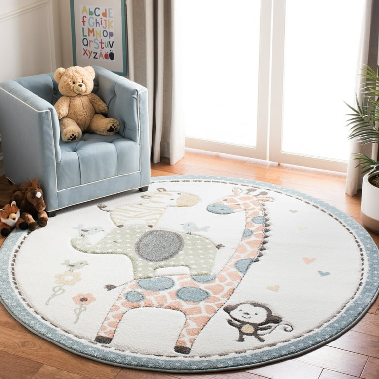 Safavieh Carousel Kids Giraffe 5 x 5 Ivory/Blue Square Indoor Kids Area Rug