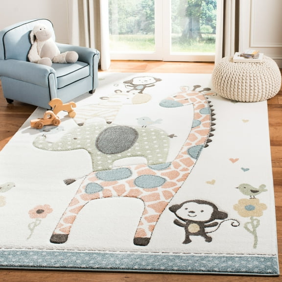 SAFAVIEH Carousel Kids Taneka Animals at Play Area Rug, Ivory, 5'3" x 5'3" Square