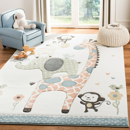 SAFAVIEH Carousel Kids Taneka Animals at Play Area Rug, Ivory, 5'3" x 7'6"