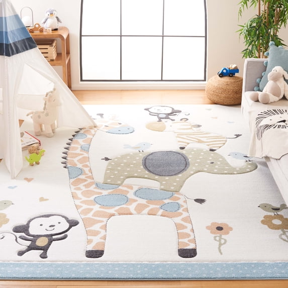 SAFAVIEH Carousel Kids Taneka Animals at Play Area Rug, Ivory, 8' x 8' Square