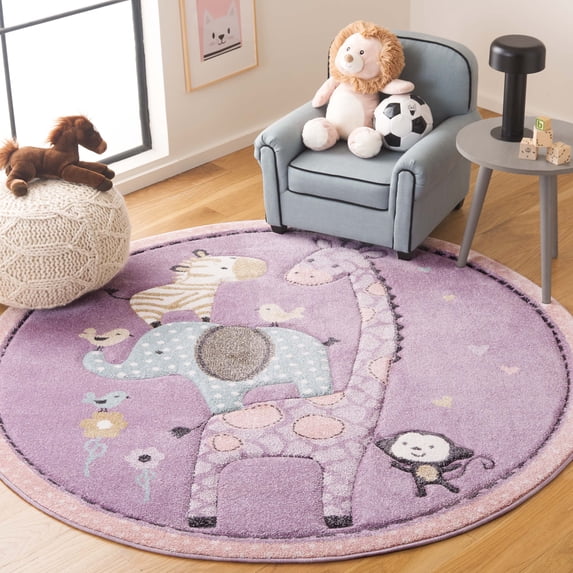 SAFAVIEH Carousel Kids Taneka Animals at Play Area Rug, Purple, 4' x 4' Round