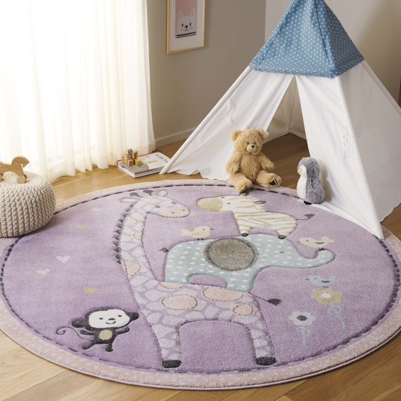 SAFAVIEH Carousel Kids Taneka Animals at Play Area Rug, Purple, 6'7" x 6'7" Round