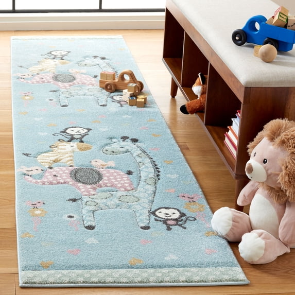 SAFAVIEH Carousel Kids Taneka Animals at Play Runner Rug, Blue, 2' x 8'