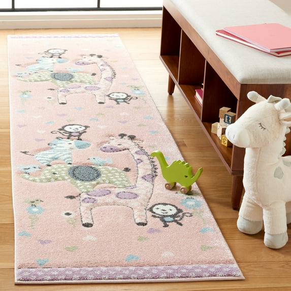 SAFAVIEH Carousel Kids Taneka Animals at Play Runner Rug, Blush Pink, 2' x 8'