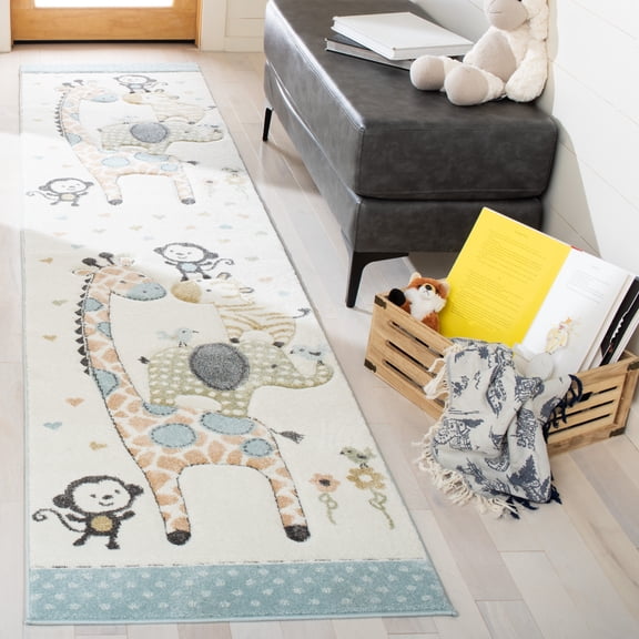 SAFAVIEH Carousel Kids Taneka Animals at Play Runner Rug, Ivory, 2'3" x 6'