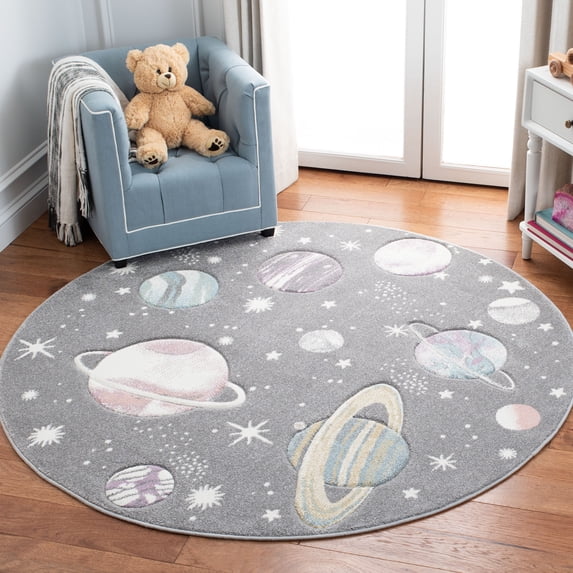SAFAVIEH Carousel Kids World of Planets Area Rug, Gray/Lavender, 3' x 3' Round