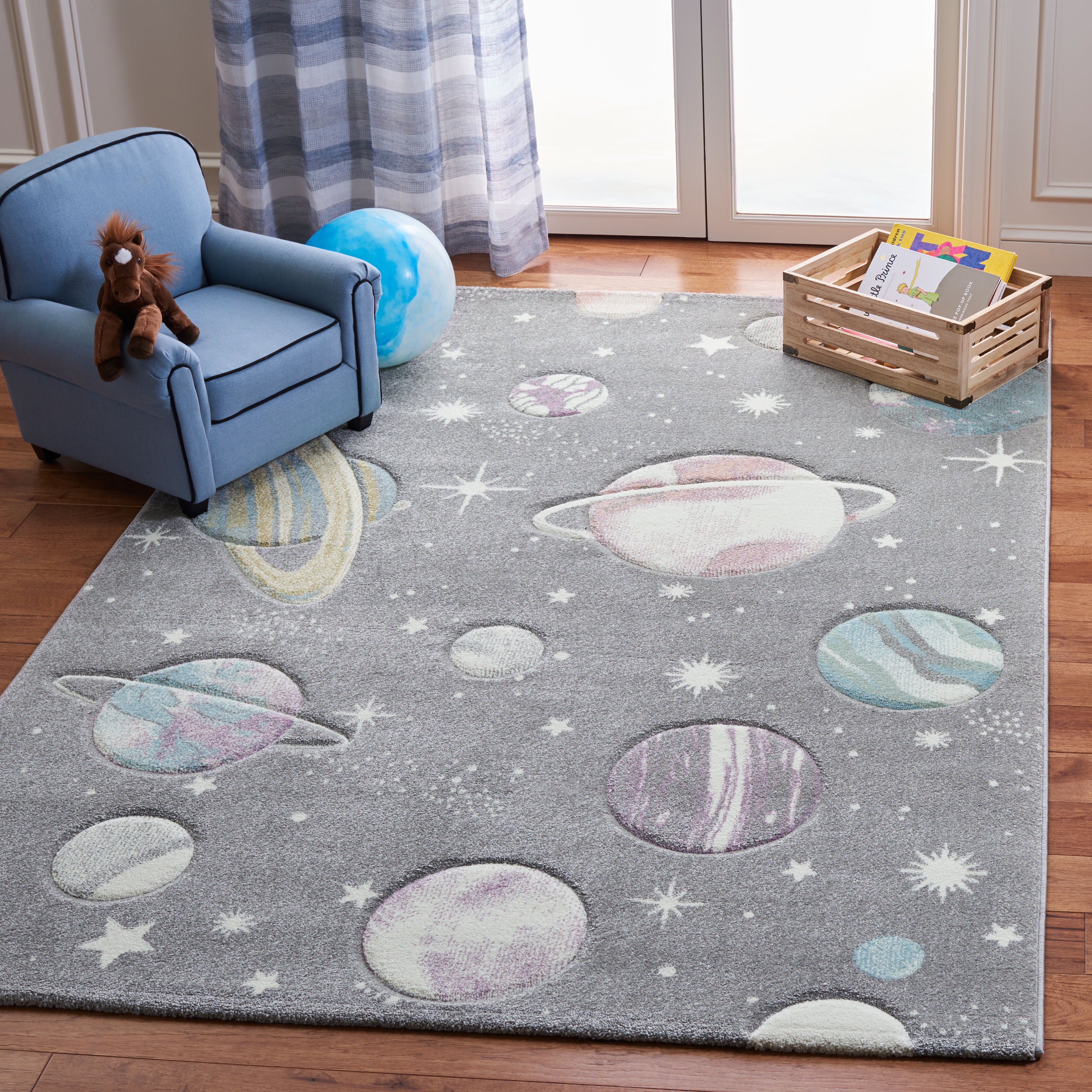 SAFAVIEH Carousel Kids World of Planets Area Rug, Gray/Lavender, 5'3" x 5'3" Square