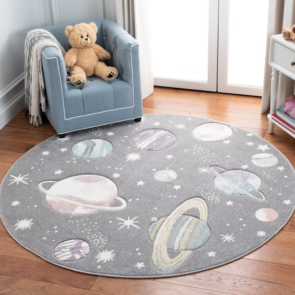 SAFAVIEH Carousel Kids World of Planets Area Rug, Gray/Lavender, 6'7" x 6'7" Round