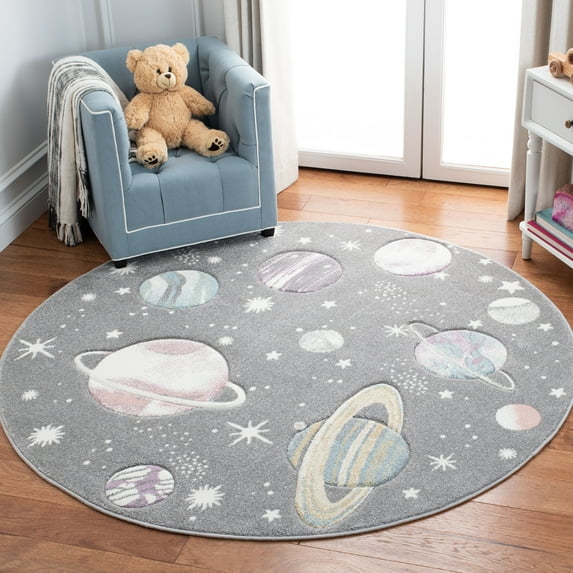 SAFAVIEH Carousel Kids World of Planets Area Rug, Gray/Lavender, 6'7" x 6'7" Round