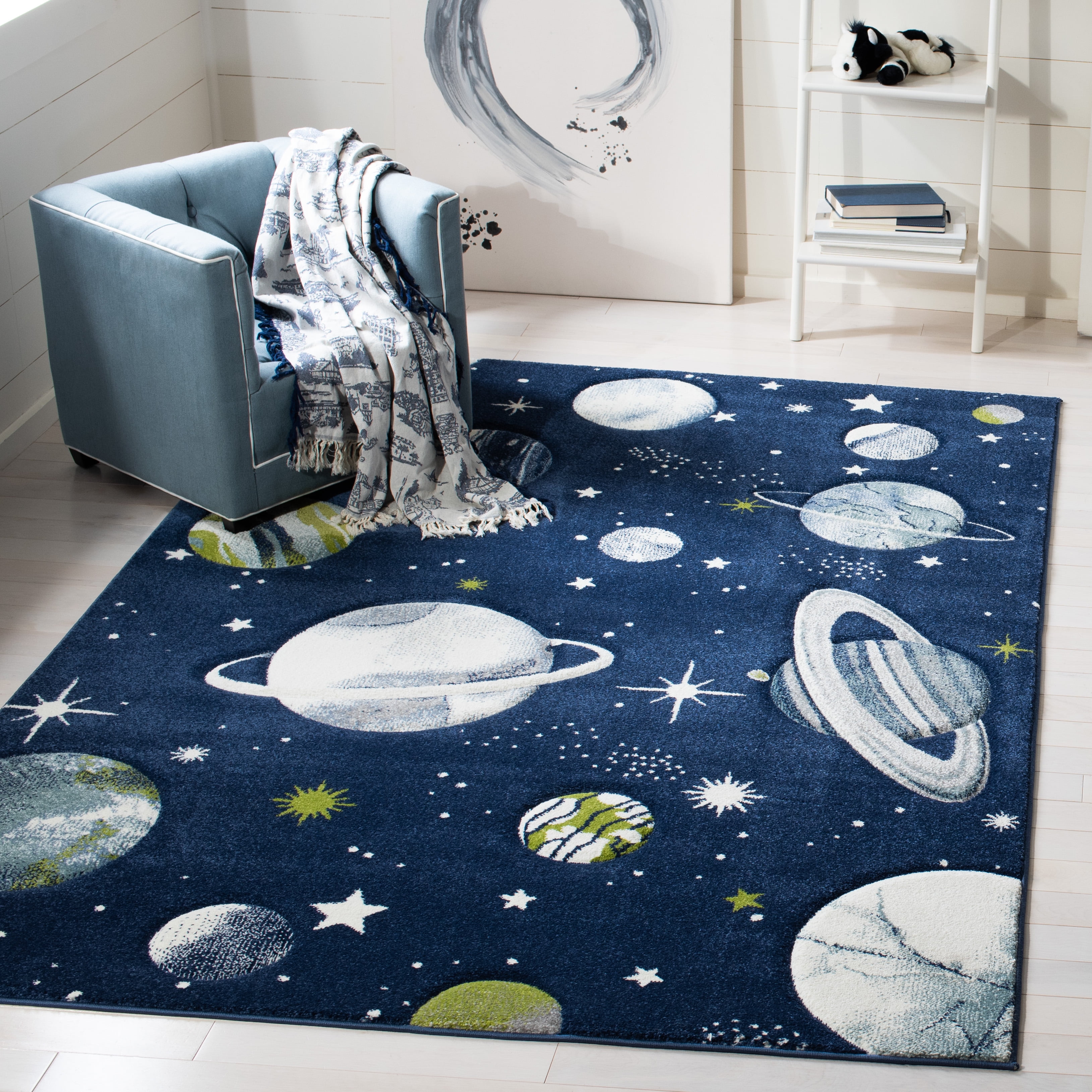 Navy and Ivory Space-Themed Kids Rectangular Area Rug