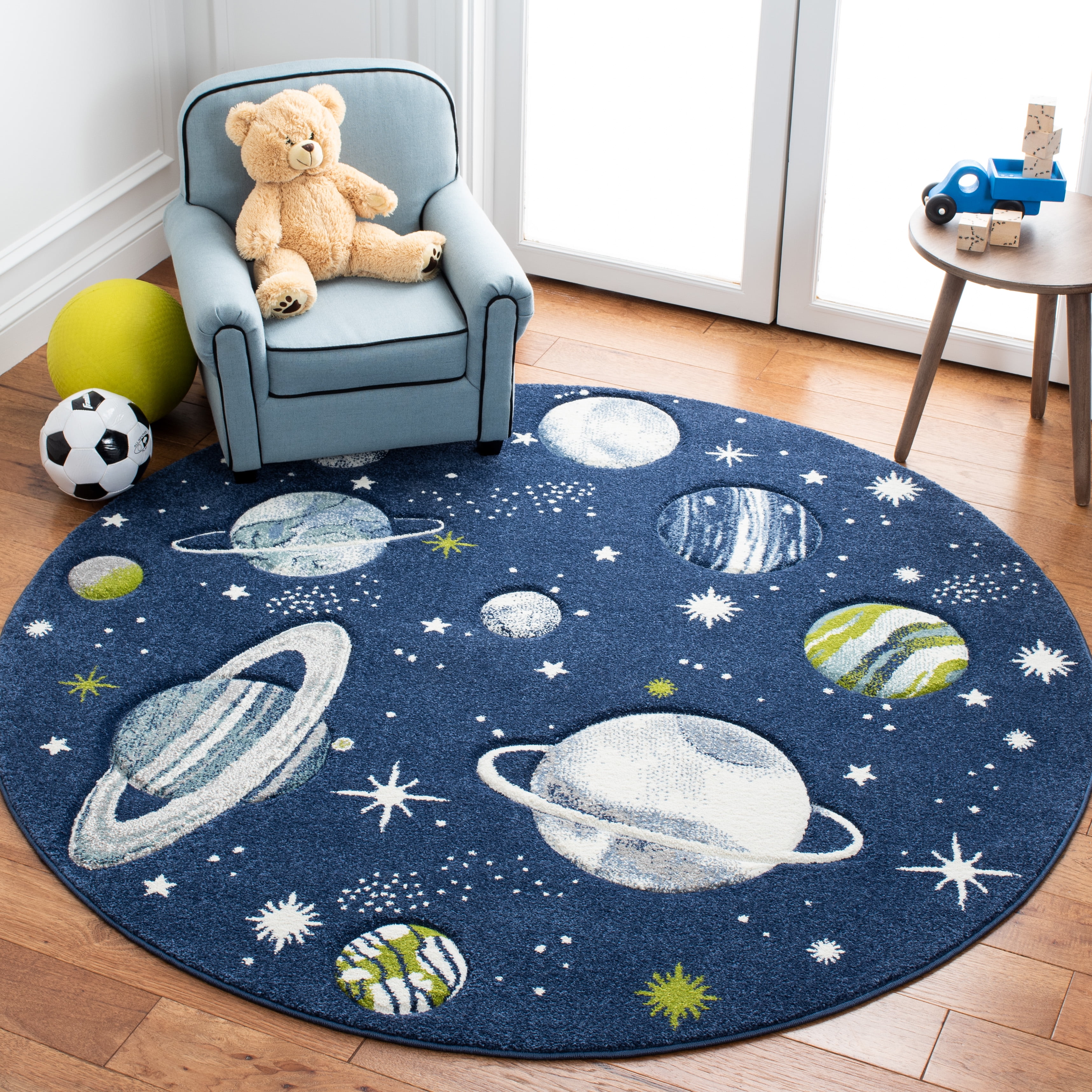 SAFAVIEH Carousel Kids World of Planets Area Rug, Navy/Ivory, 6'7" x 6'7" Round