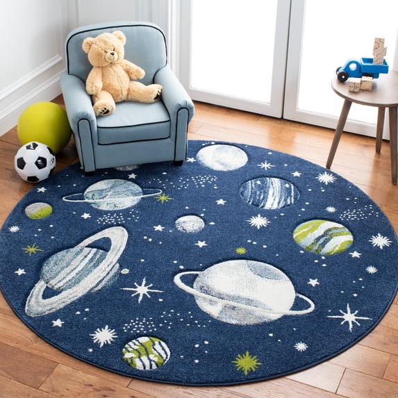 SAFAVIEH Carousel Kids World of Planets Area Rug, Navy/Ivory, 8' x 8' Round