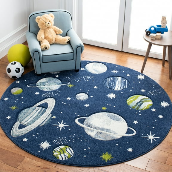 SAFAVIEH Carousel Kids World of Planets Area Rug, Navy/Ivory, 8' x 8' Round
