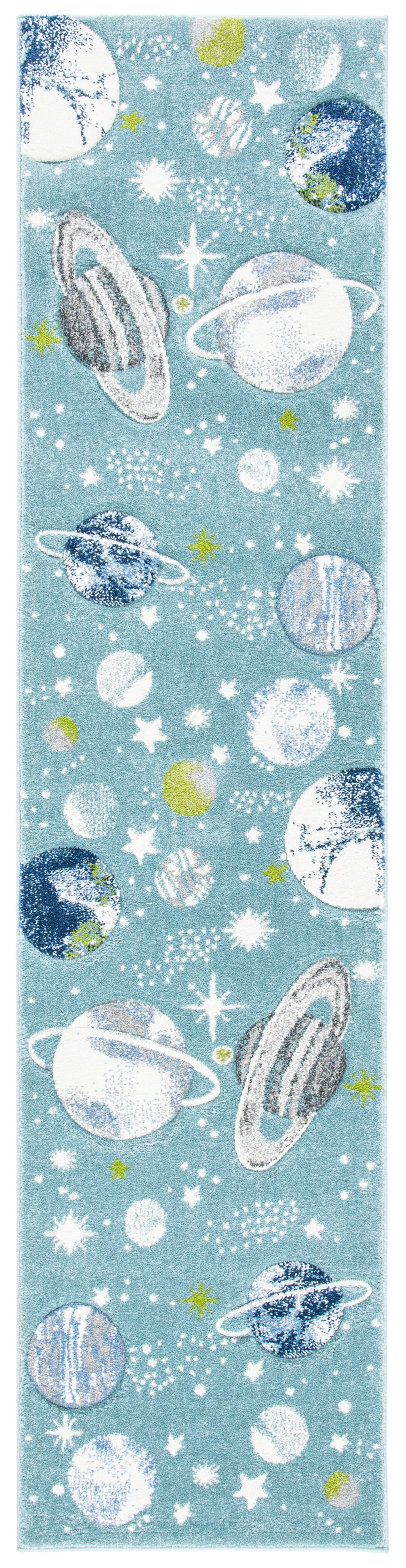 Teal and Ivory Synthetic Space-Themed Kids Runner Rug, 2'3" x 12'