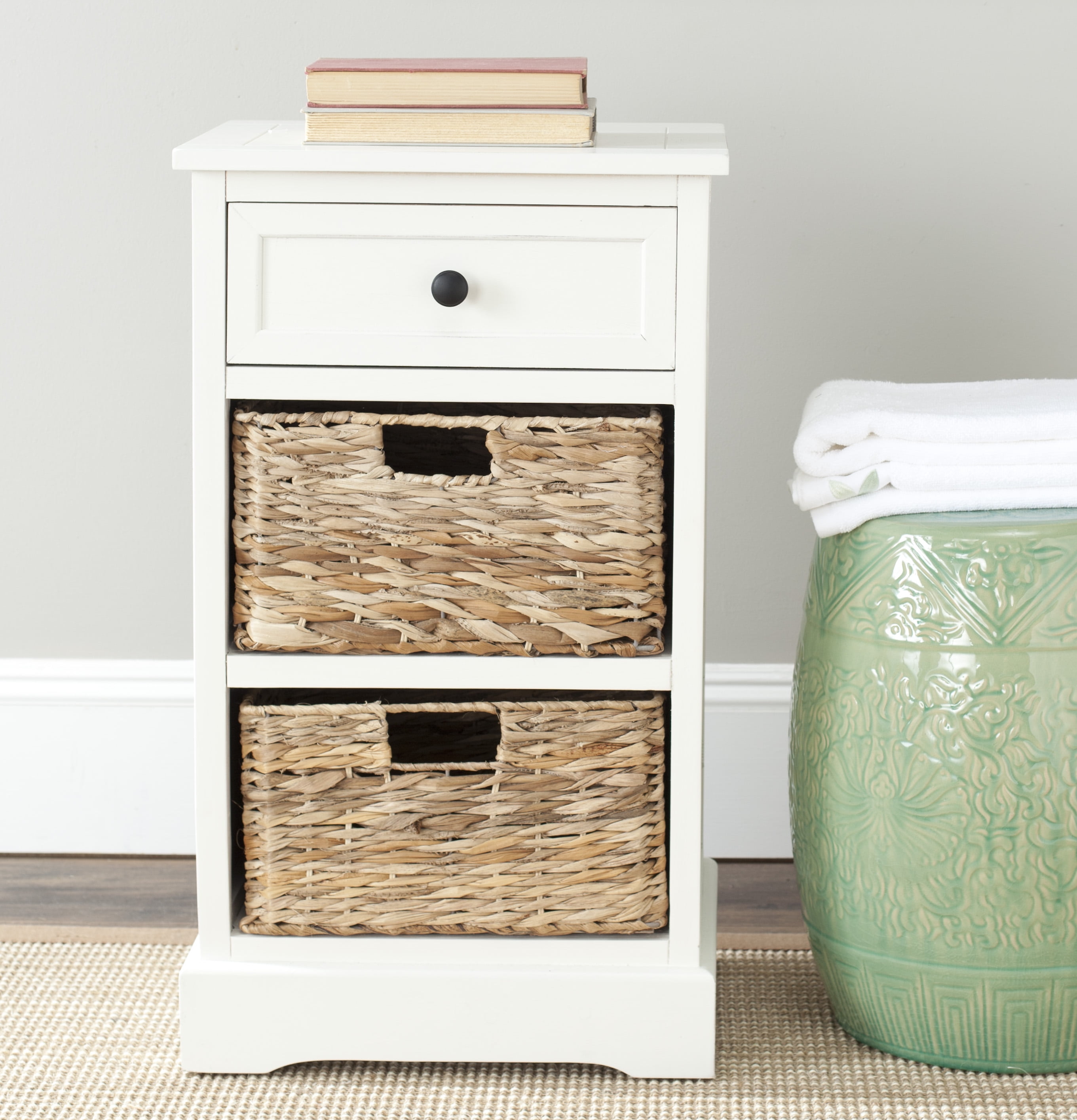 Free Shipping SAFAVIEH Carrie 1 Drawer Storage Side Table with 2 Baskets Distressed Cream Walmart Walmart