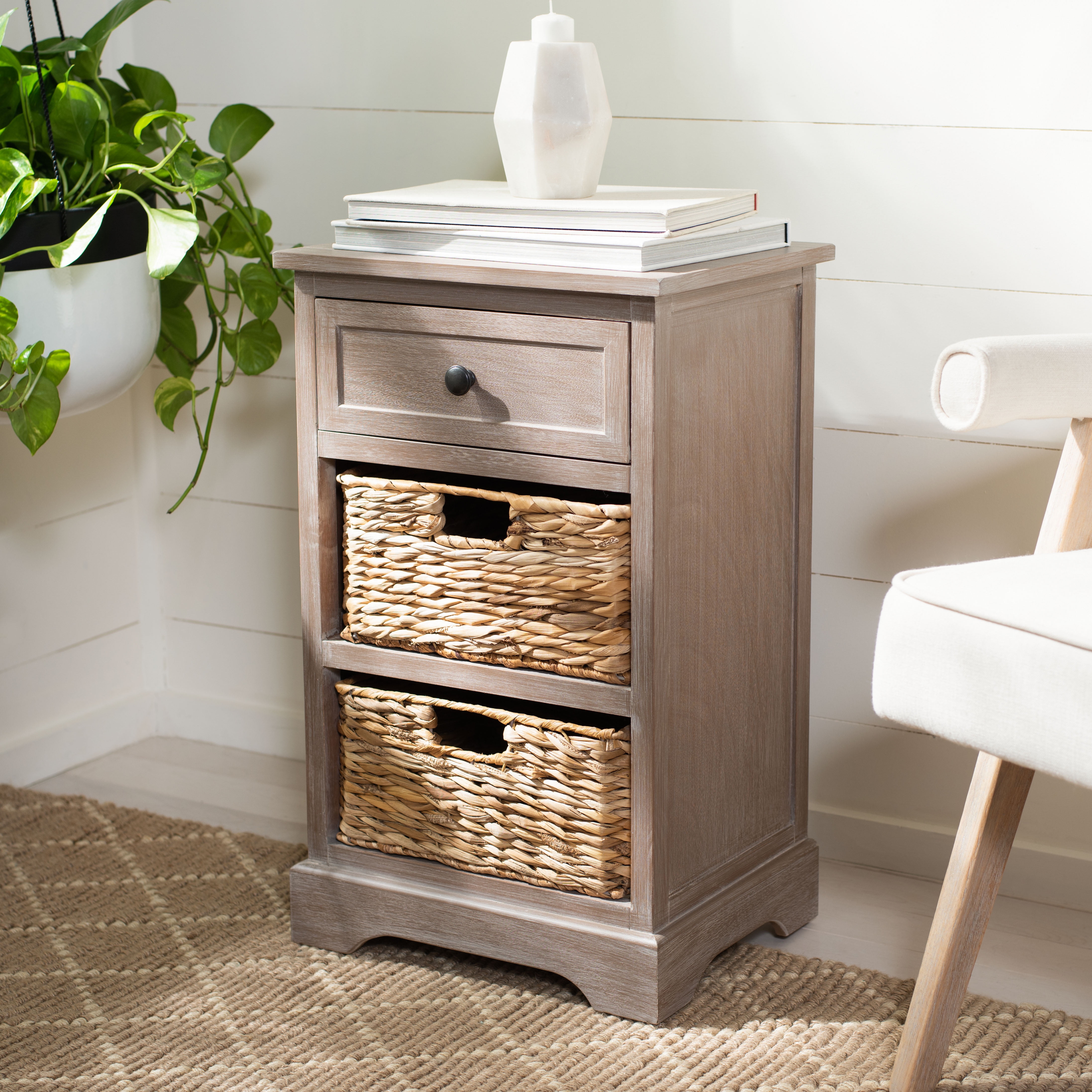 Beige Transitional Storage Side Table with Woven Baskets