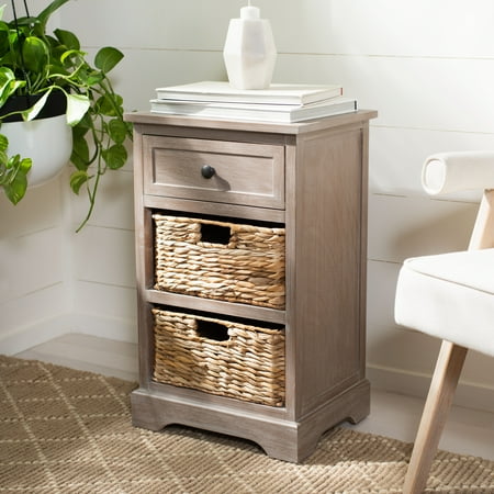 SAFAVIEH Carrie 1 Drawer Storage Side Table with 2 Baskets, White Wash