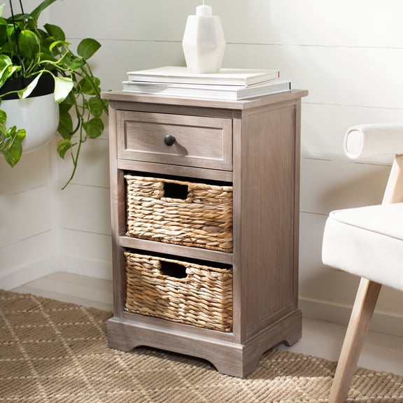 SAFAVIEH Carrie 1 Drawer Storage Side Table with 2 Baskets, White Wash