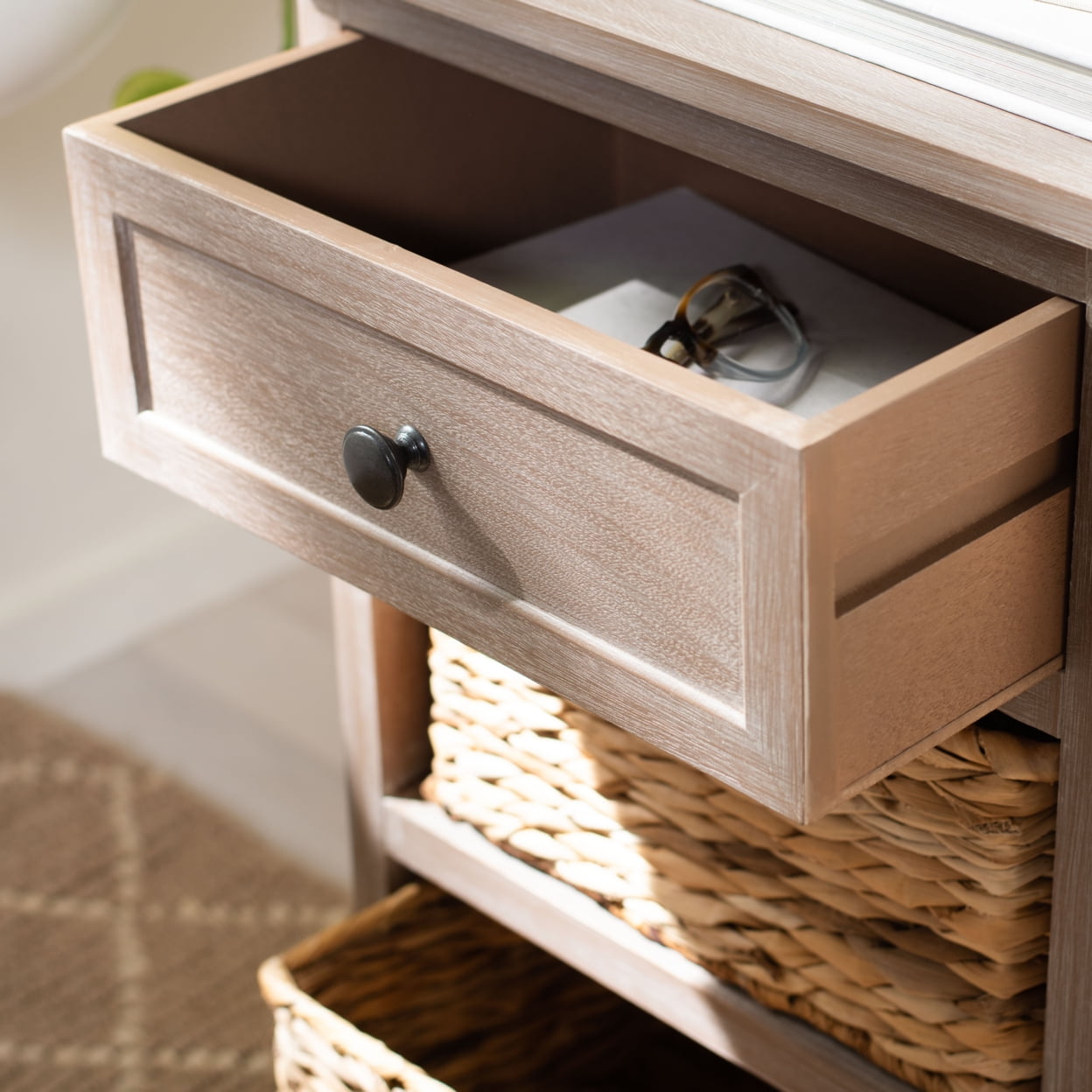 Beige Transitional Storage Side Table with Woven Baskets