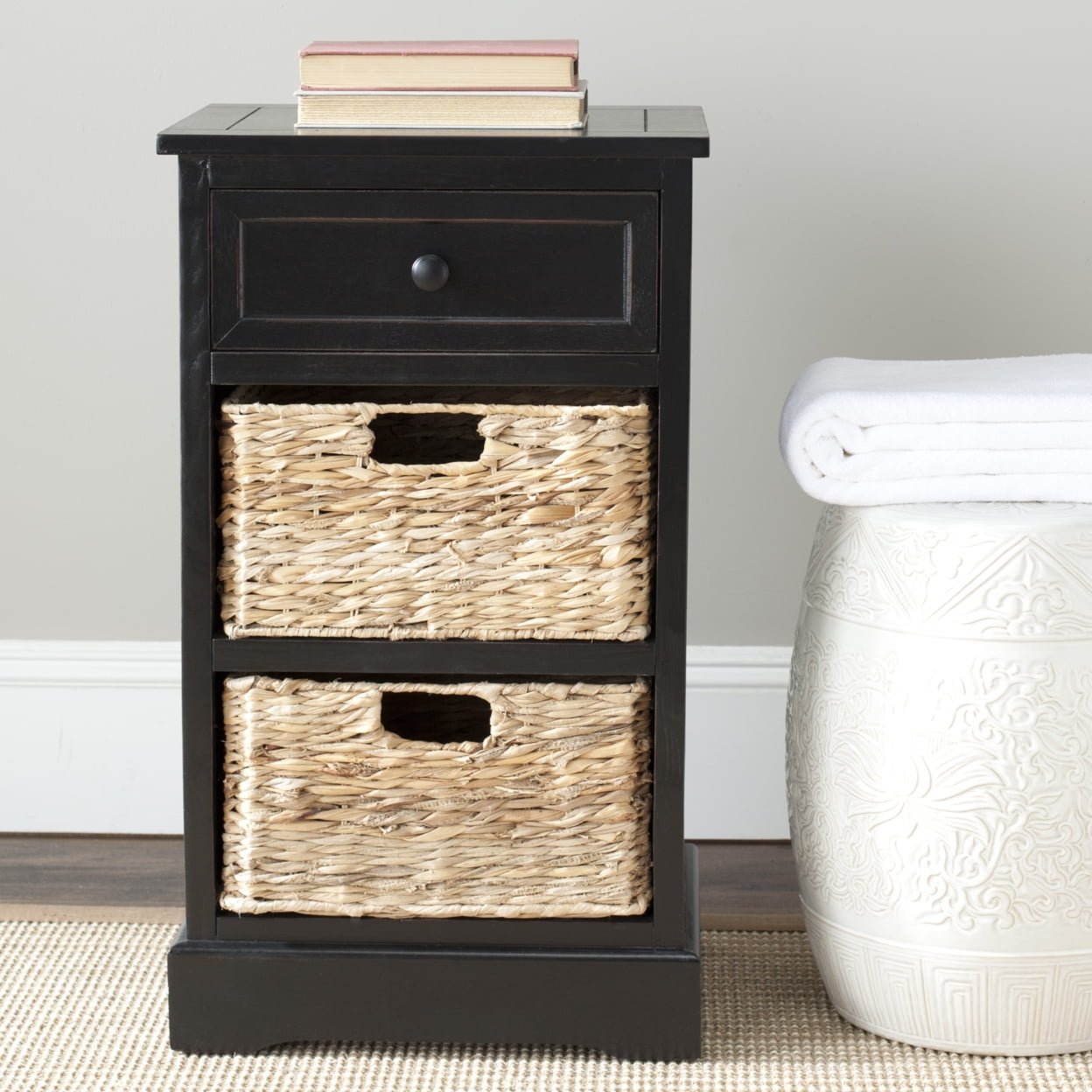 Distressed Black Pine Side Table with Wicker Storage