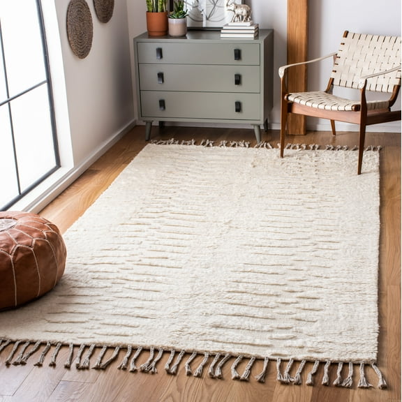 SAFAVIEH Casablanca Albert Solid Striped Wool Shag Area Rug, Ivory, 5' x 8'