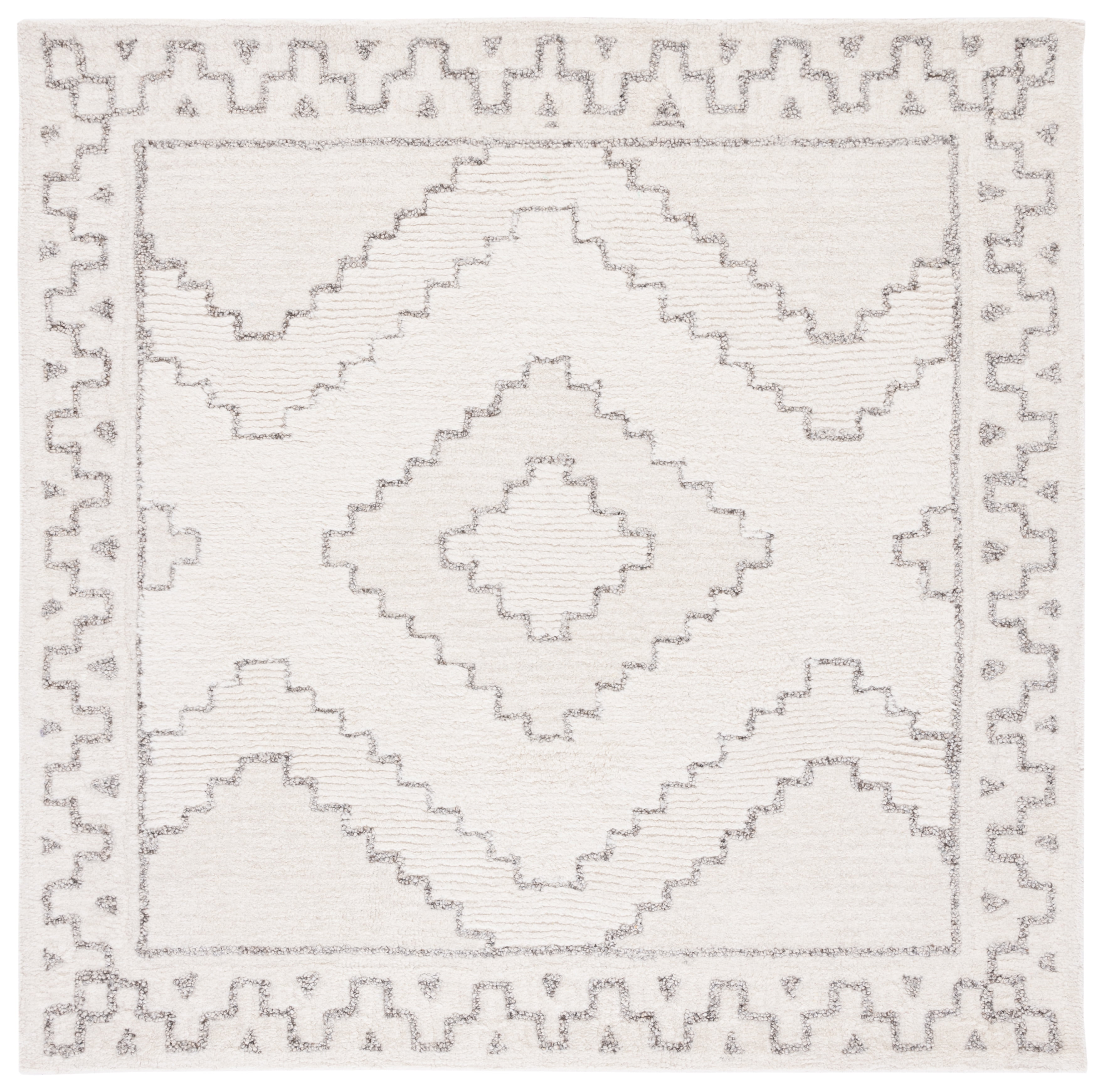Ivory and Grey Hand-Tufted Wool Shag Area Rug, 6' x 6'