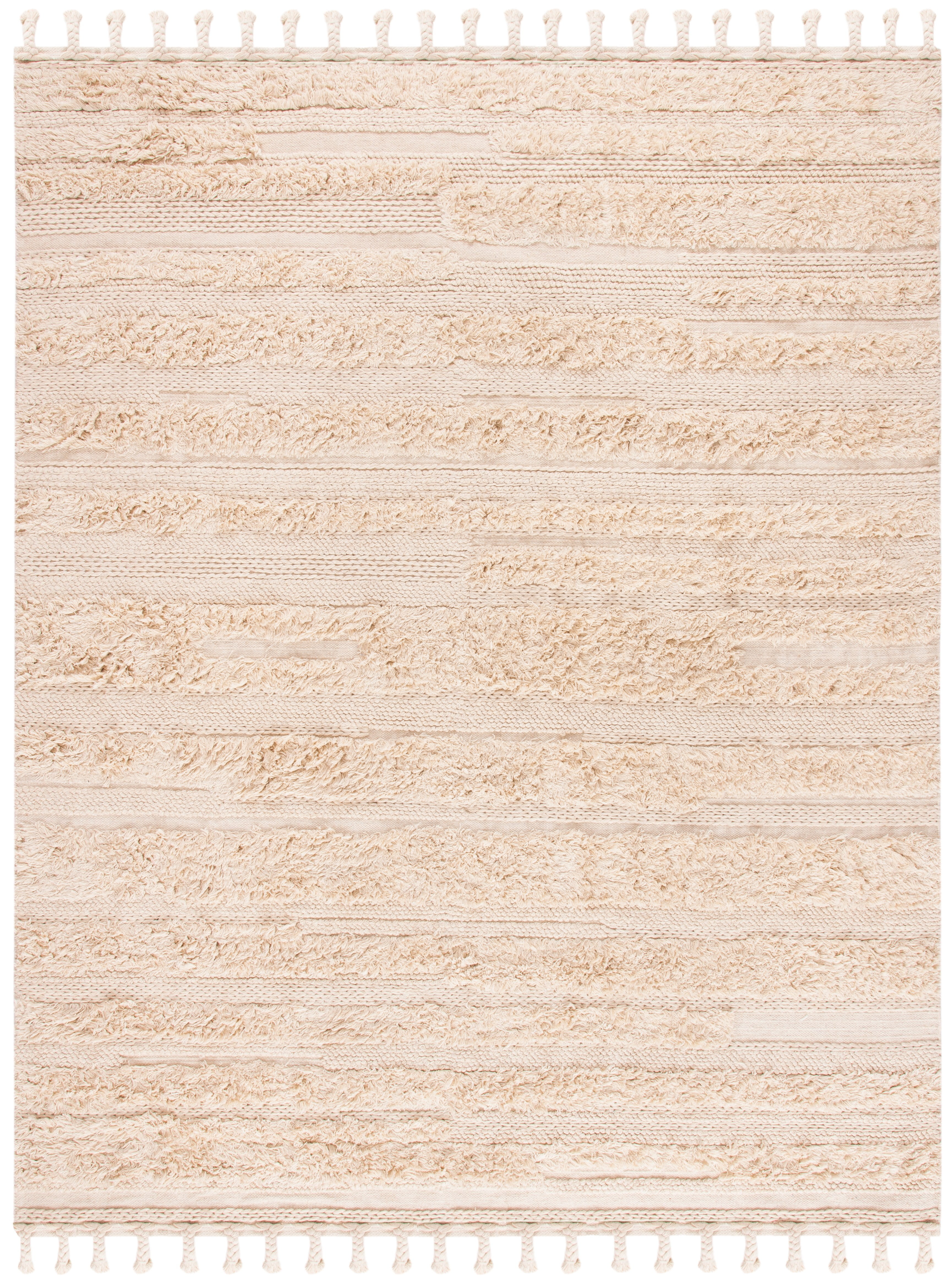 Handwoven Scandinavian Beige Wool 9' x 12' Area Rug with Fringe