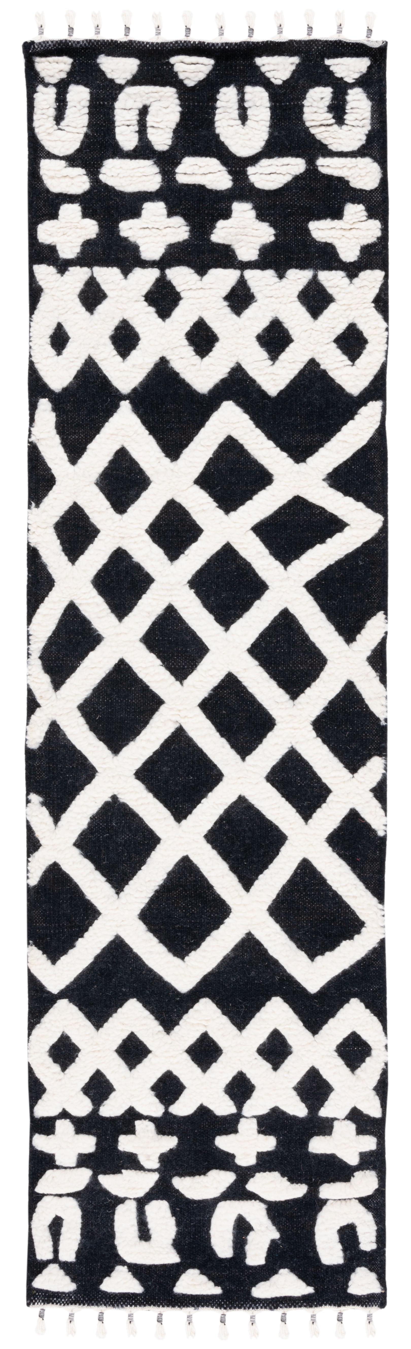 Black and Ivory Wool Hand-Knotted Aztec Runner Rug