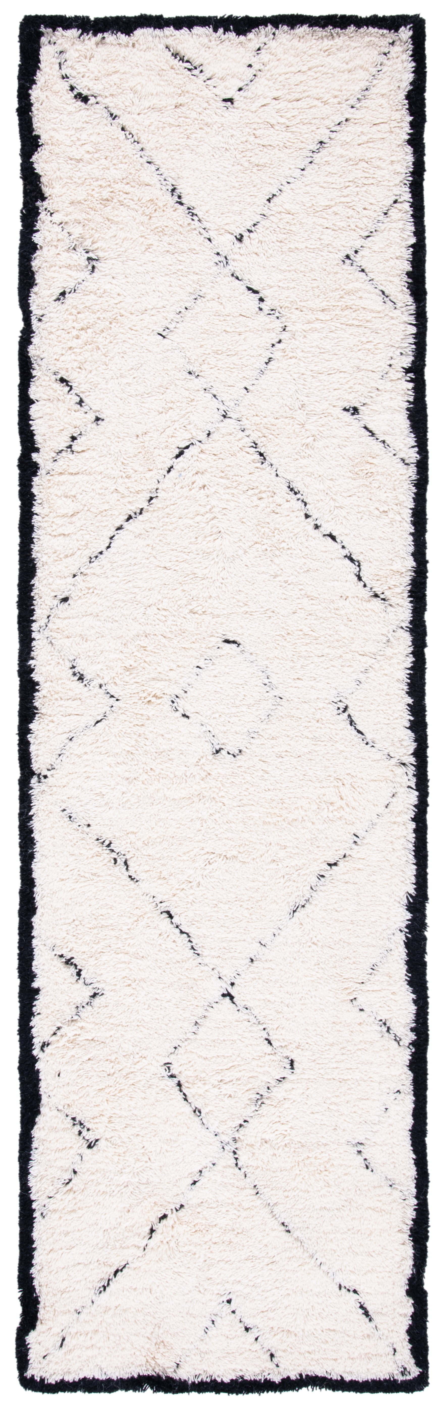Ivory and Black Wool Hand-Tufted Geometric Runner Rug
