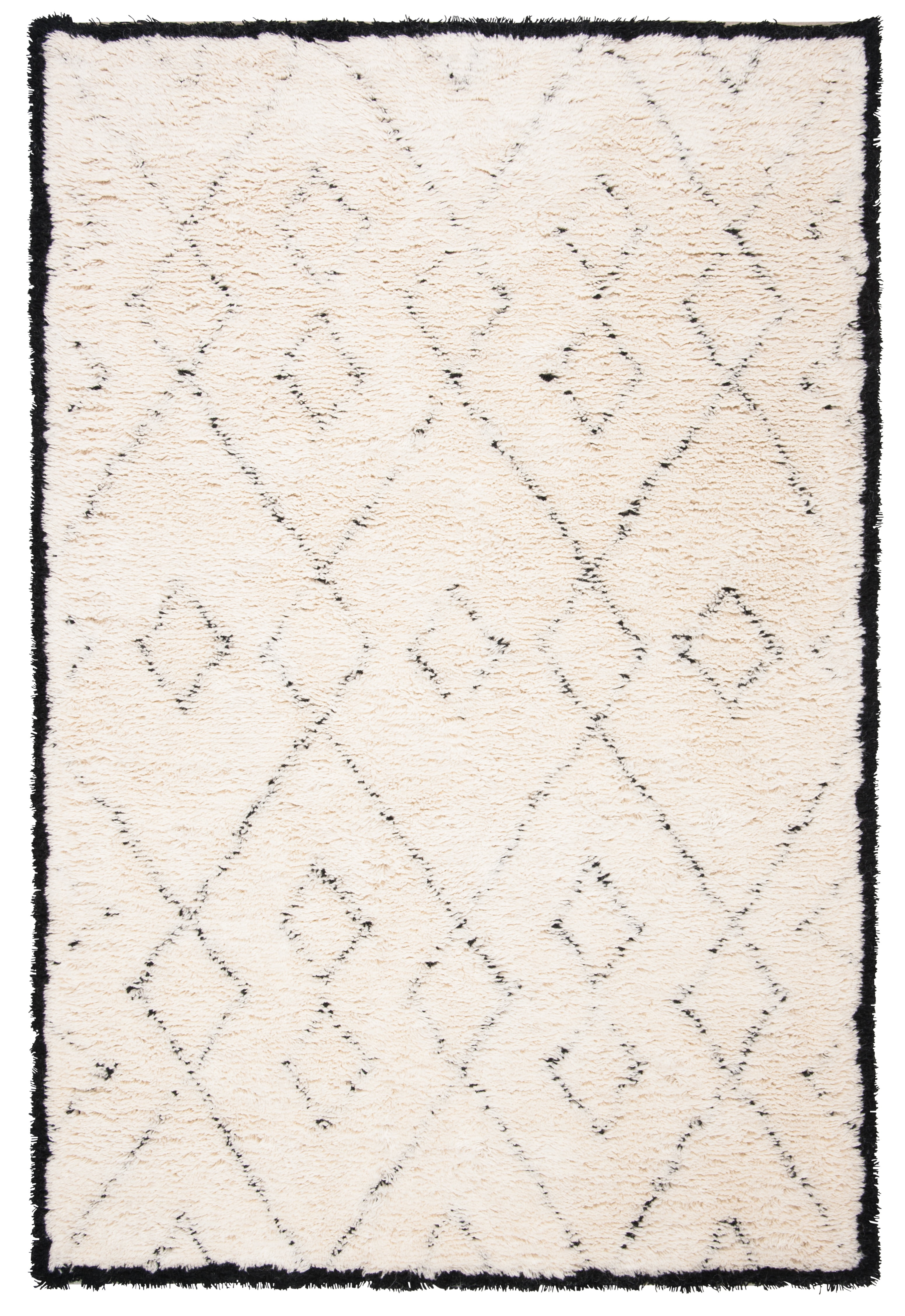 Ivory and Black Geometric Wool Shag Area Rug 3' x 5'