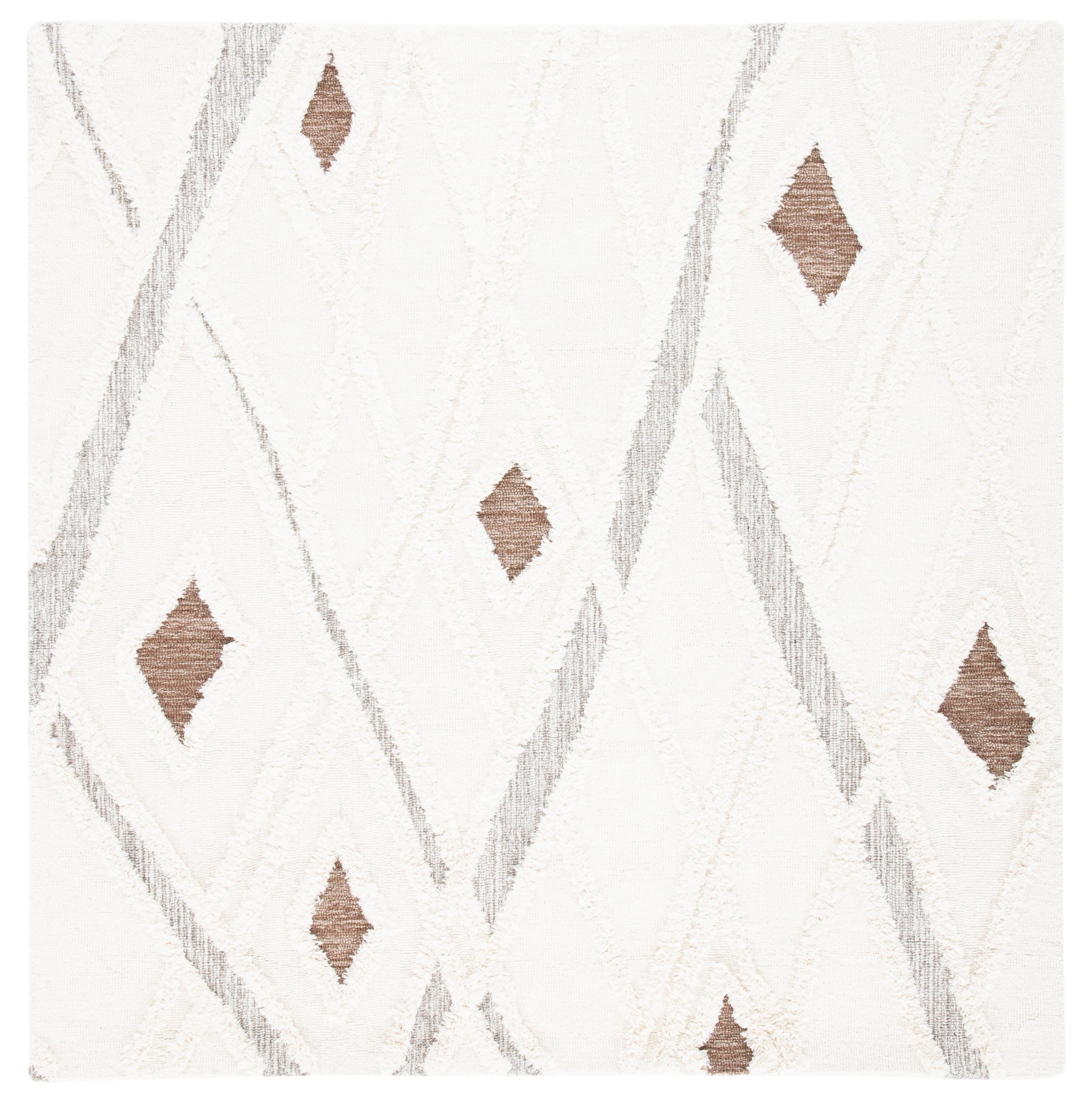 Ivory and Brown Hand-Tufted Wool Square Shag Rug, 6'x6'