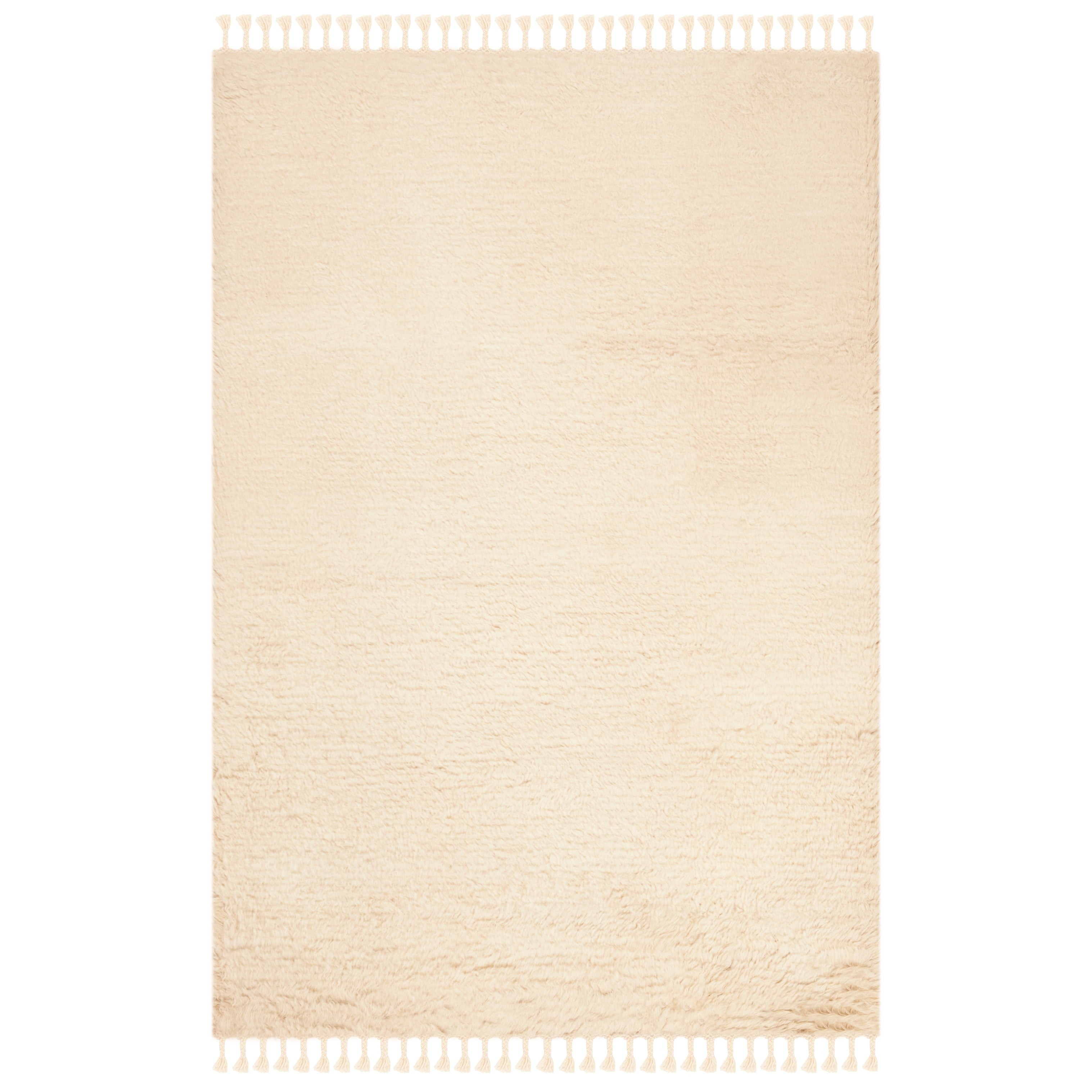 Scandinavian Beige Hand-Knotted Wool Shag Rug with Fringe, 4' x 6'