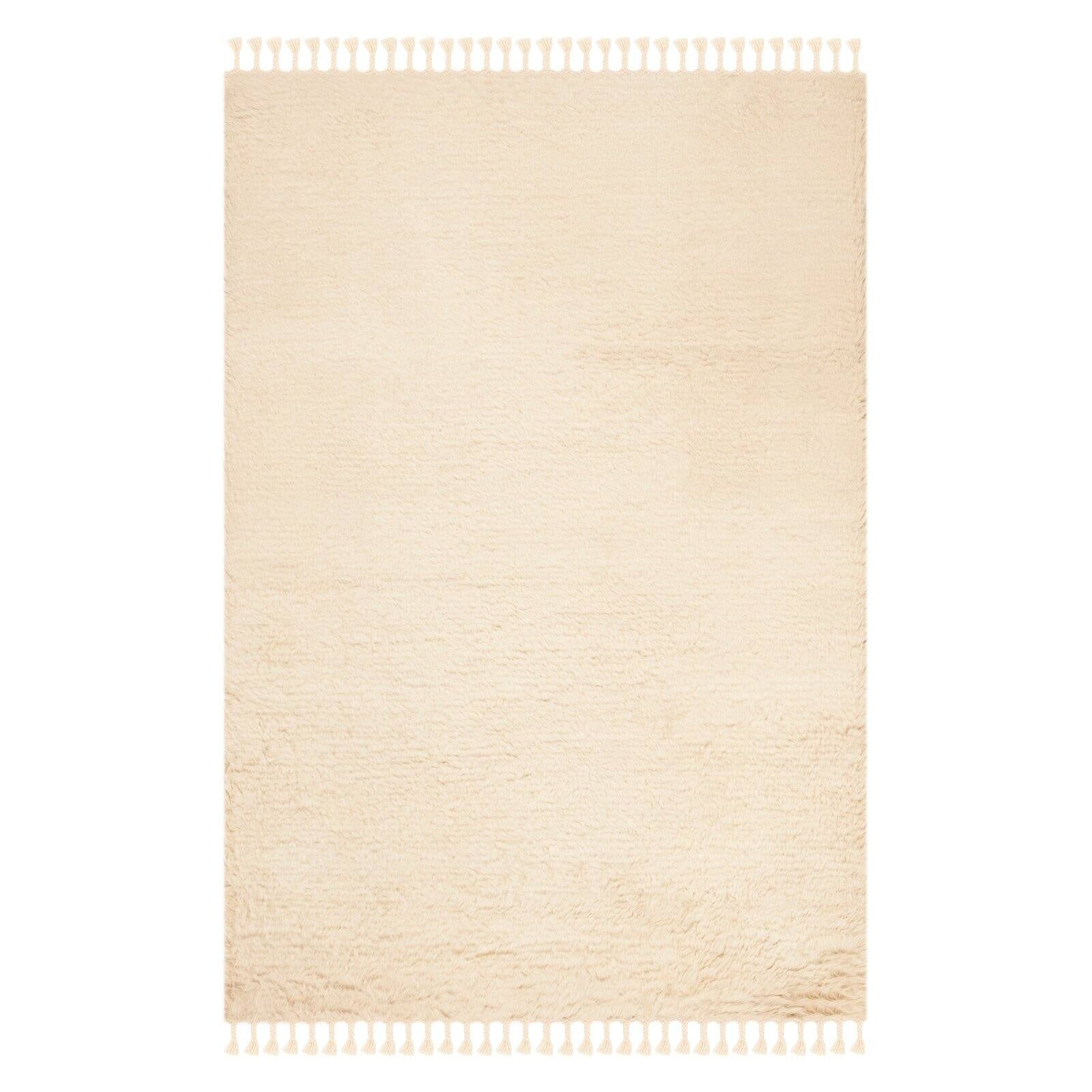 Scandinavian Beige Hand-Knotted Wool Shag Rug with Fringe, 4' x 6'