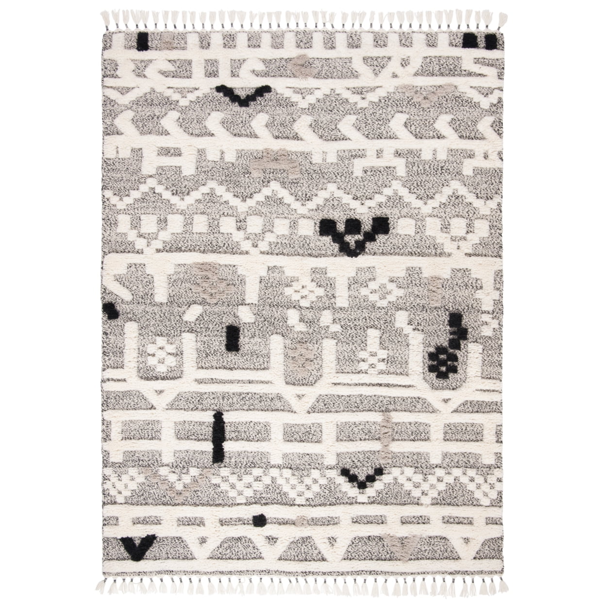 Ivory and Black Geometric Wool 9' x 12' Shag Rug