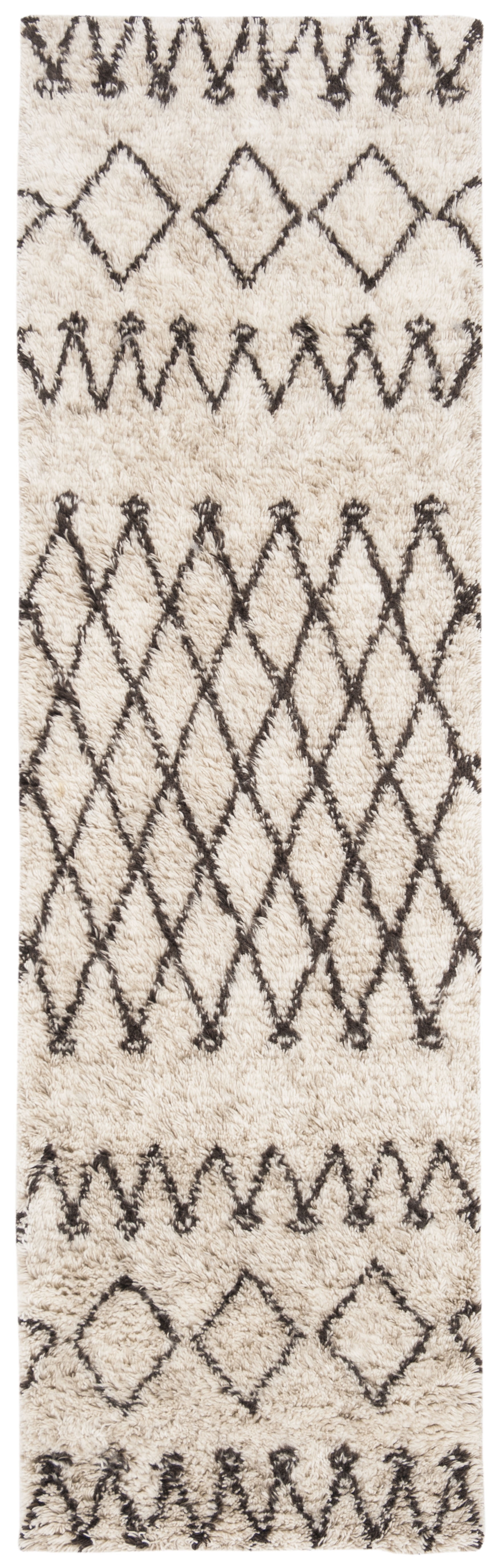 Ivory and Dark Brown Hand-Tufted Wool Shag Runner Rug - 2'3" x 6'