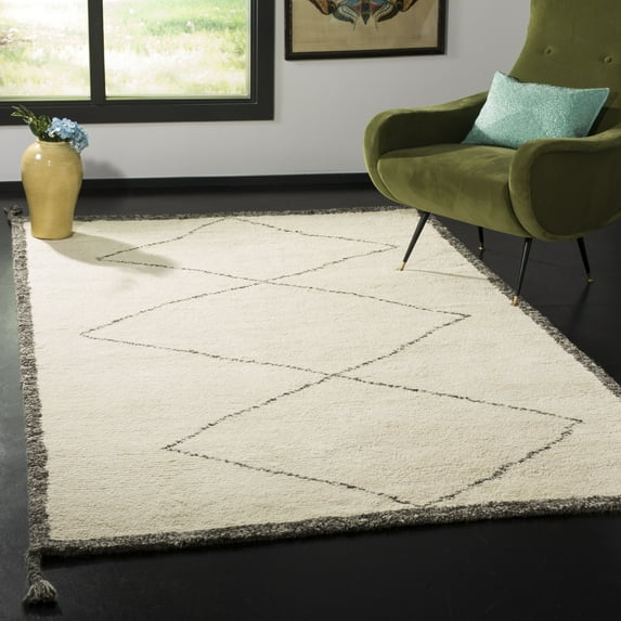 SAFAVIEH Casablanca Emmett Geometric Wool Shag Area Rug, Ivory/Charcoal, 8' x 10'